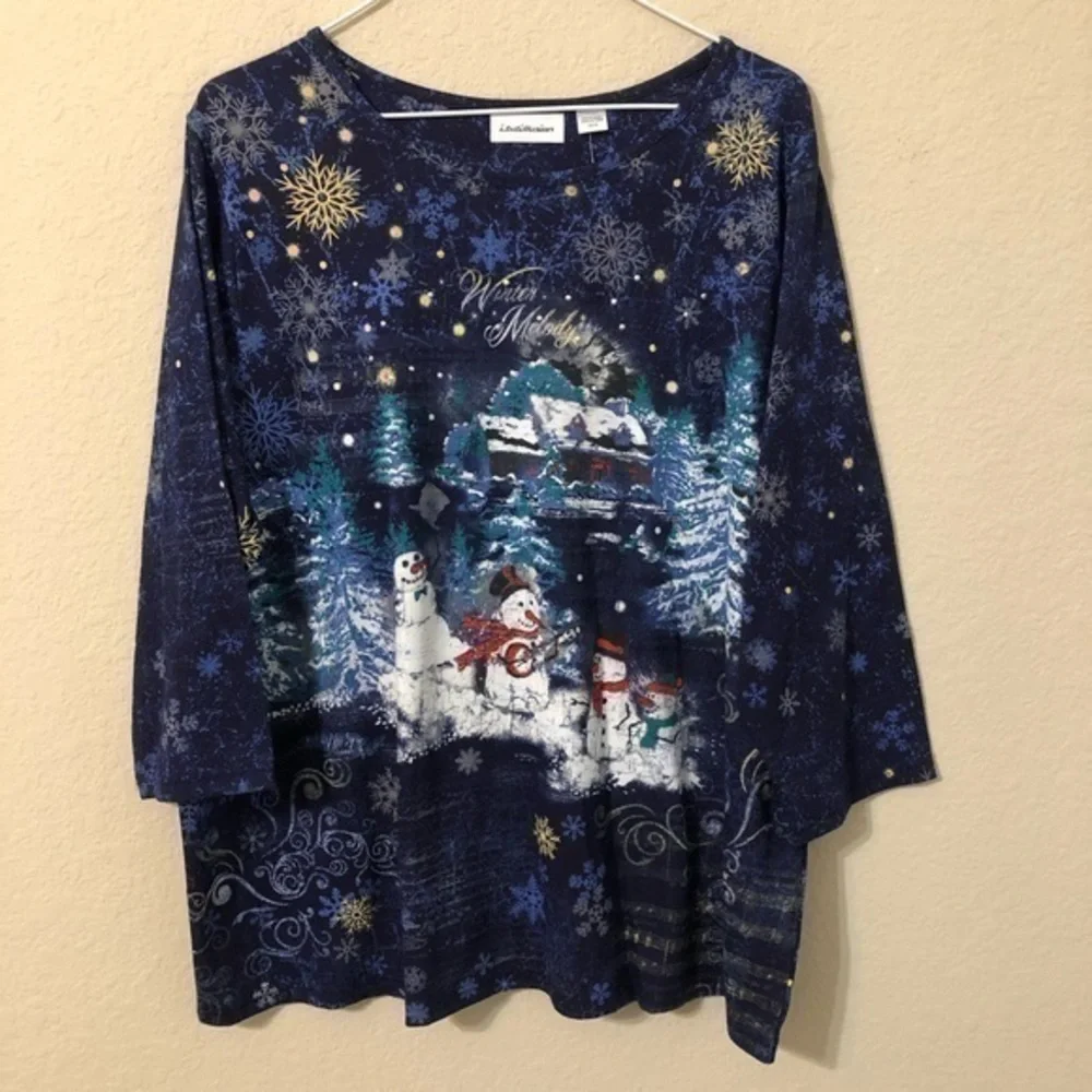 I.B. Diffusion Top Winter Melody Snowmen Christmas Blue White Long Sleeve NWT